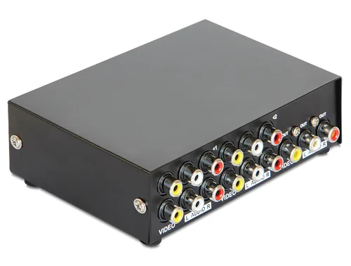 Delock Switchbox 4 Port 3xRCA Chinch Bidirektional, manuel - Anzahl Eingänge: 4 × - Steckertyp Seite A: Cinch - Anzahl Ausgänge: 1 × - Steckertyp Seite B: Cinch - Material: Metall - Bedienungsart: Tasten