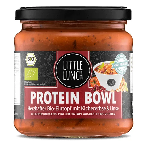 Little Lunch Protein Gemüseeintopf Kichererbse und Linse Bio 350 ml - Produkttyp: Gemüse - Nährwertangabe pro: 100 ml - Energiegehalt (in kj): 328 KJ - Energiegehalt (in kcal): 78 Kcal - Fett: 1.5 g - Gesättigte Fettsäuren: 0.2 g